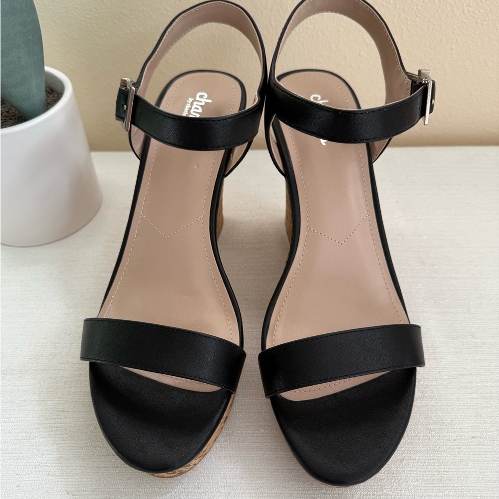 New Charles David Black Leather Cork Wedge Sandals - Picture 2 of 6